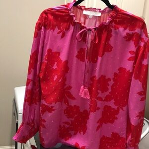 Sugarlips Pink & Red Floral Tie-Neck Blouse